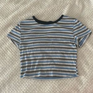 White, black, blue striped crop top
